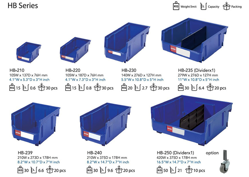 All available sizes in SHUTER's range of HB hanging bins.